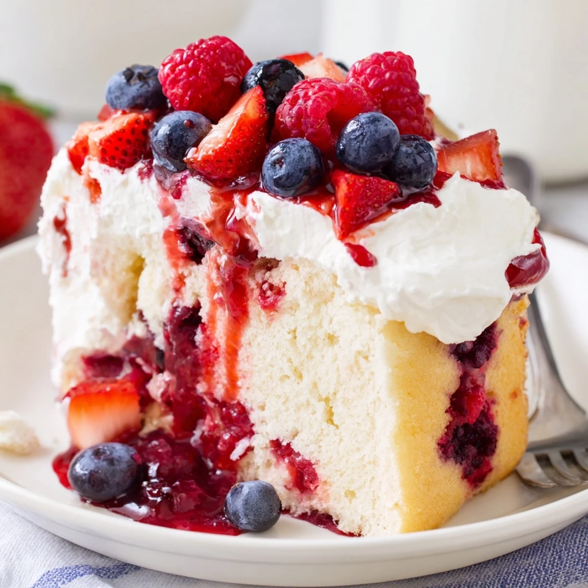 Chilled Summer Berry Poke Cake sliced on plate, syrup soaked crumbs visible