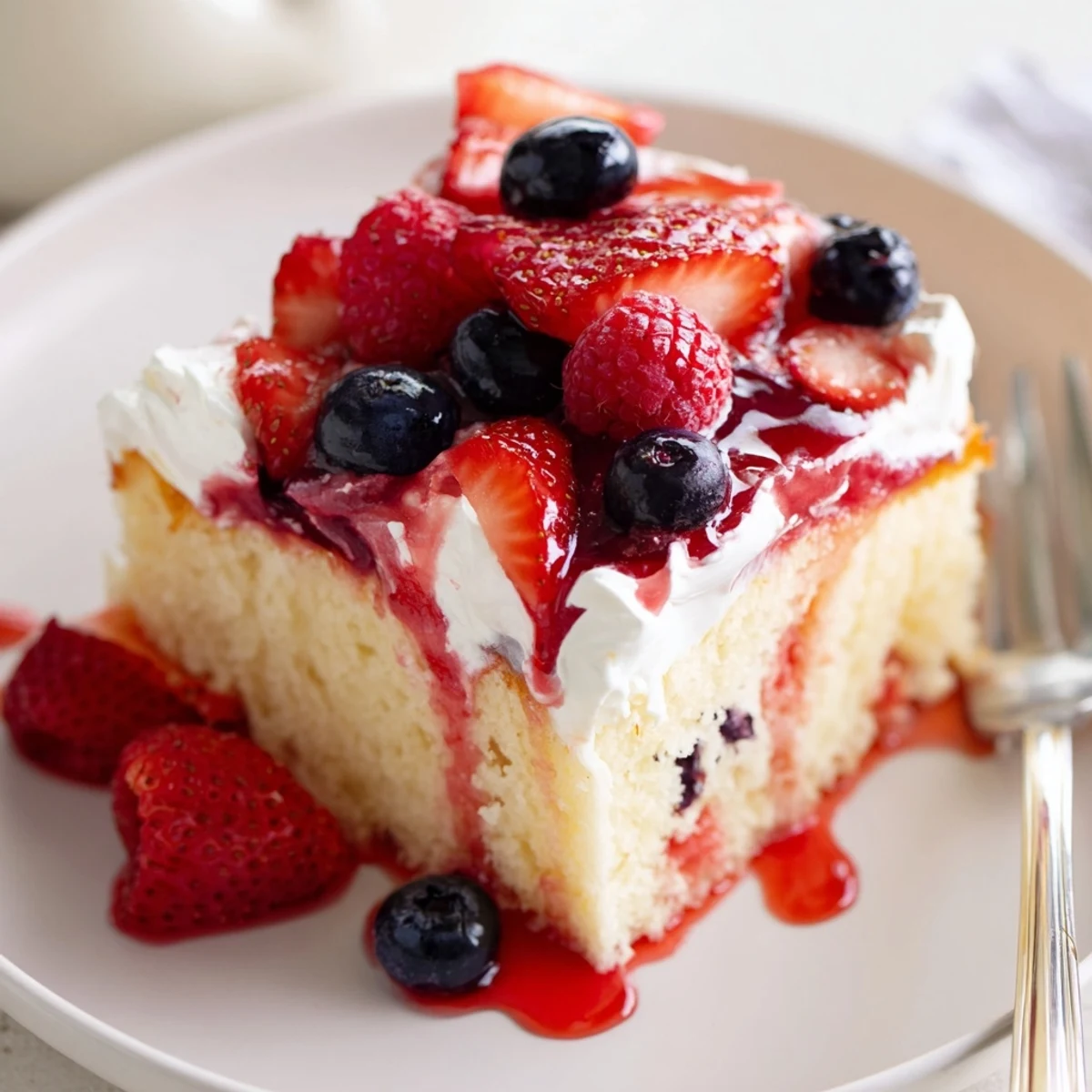 A fork-ready Summer Berry Poke Cake, sliced square, bursting with juicy syrup
