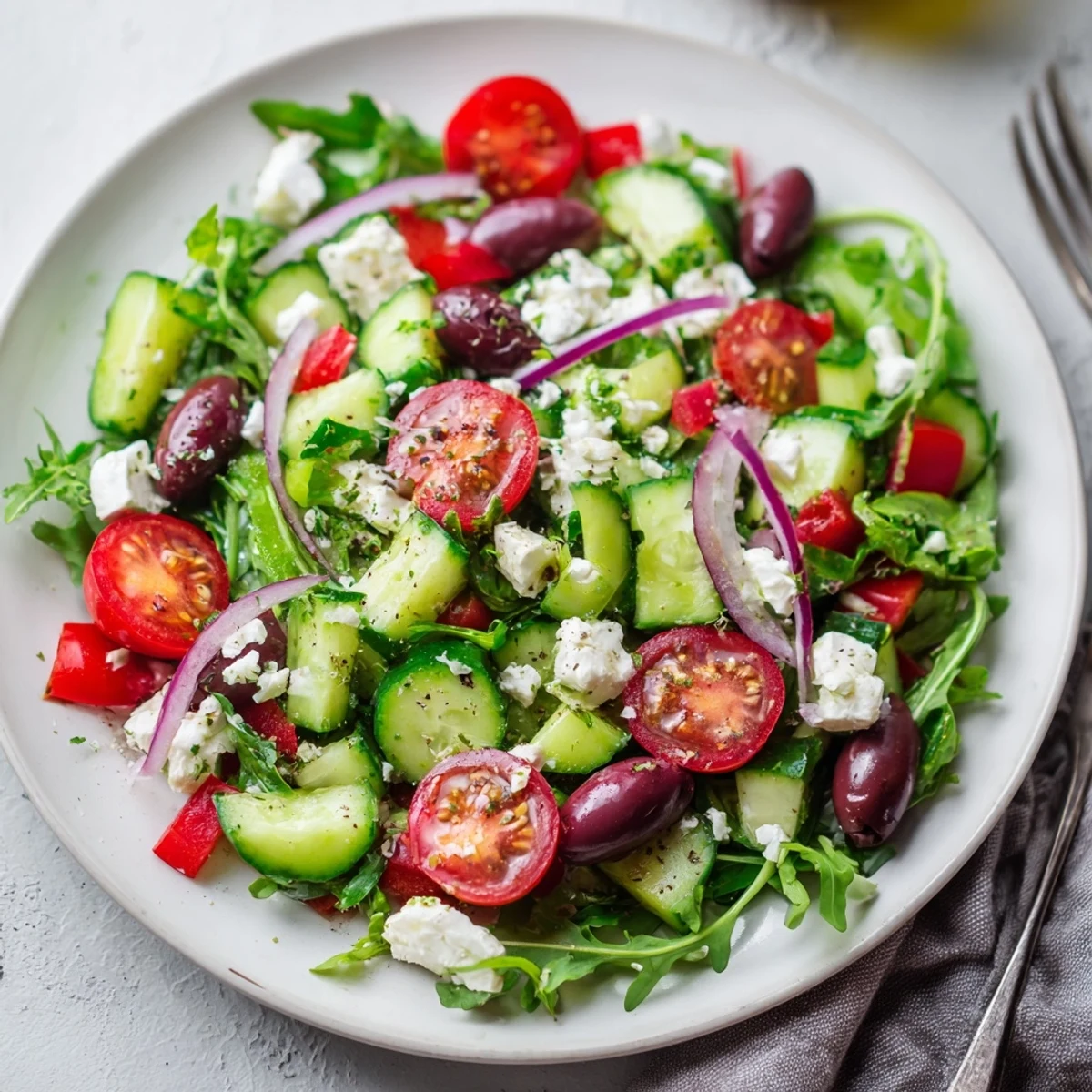 Tossed Fresh Salad Recipe glistening in olive oil, feta, olives, pepper.