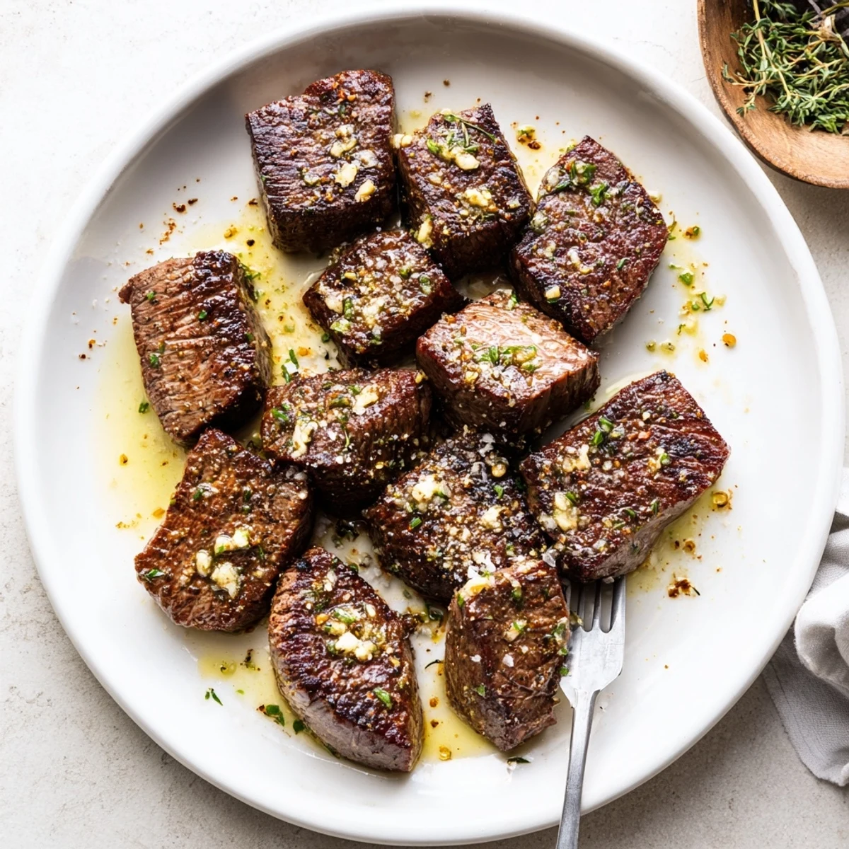 Garlic Butter Steak Bites sizzling in a cast-iron pan, golden crust