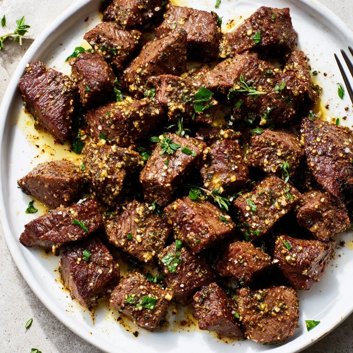 Close-up of Garlic Butter Steak Bites—tender cubes glazed with fragrant garlic