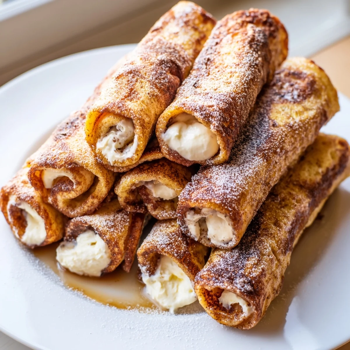 Cinnamon Roll French Toast Roll Ups plated warm, cinnamon sugar crust glistening  