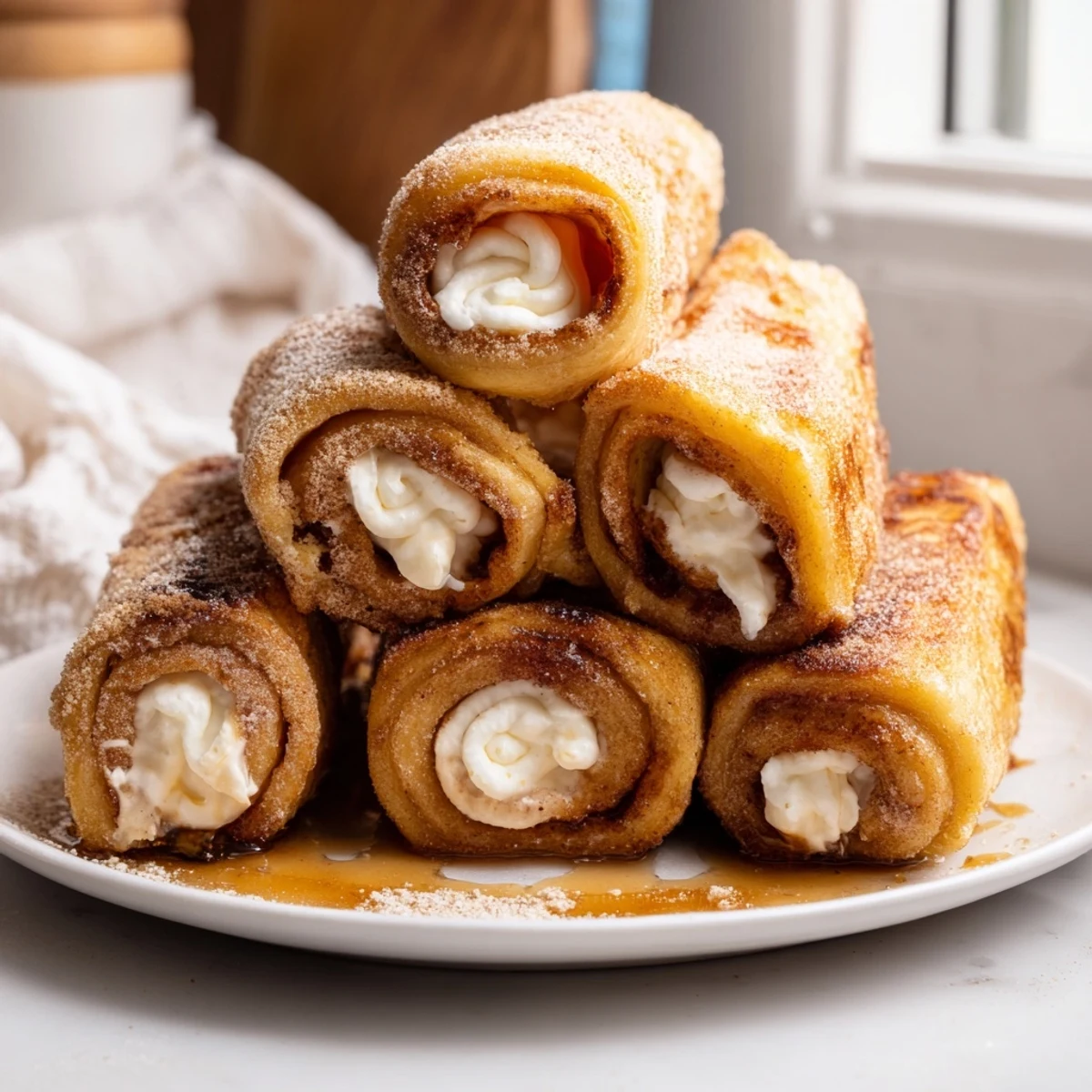 Stacked Cinnamon Roll French Toast Roll Ups with creamy filling and maple drizzle  