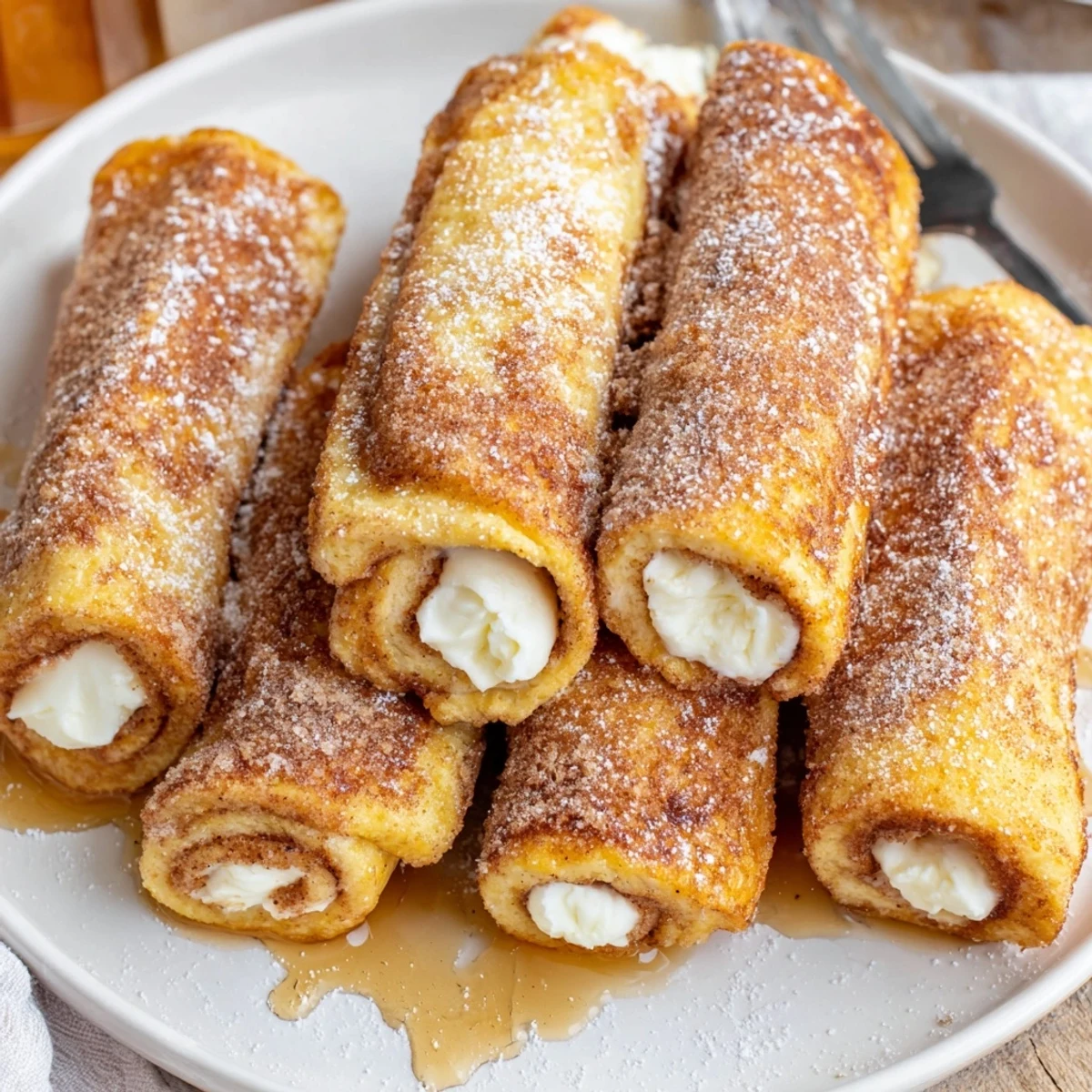 Hands holding Cinnamon Roll French Toast Roll Ups, buttery fried exterior, warm