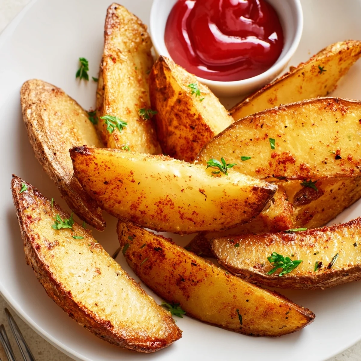 Golden oven baked Potato Wedges with crispy edges and fluffy centers parsley sprinkled  