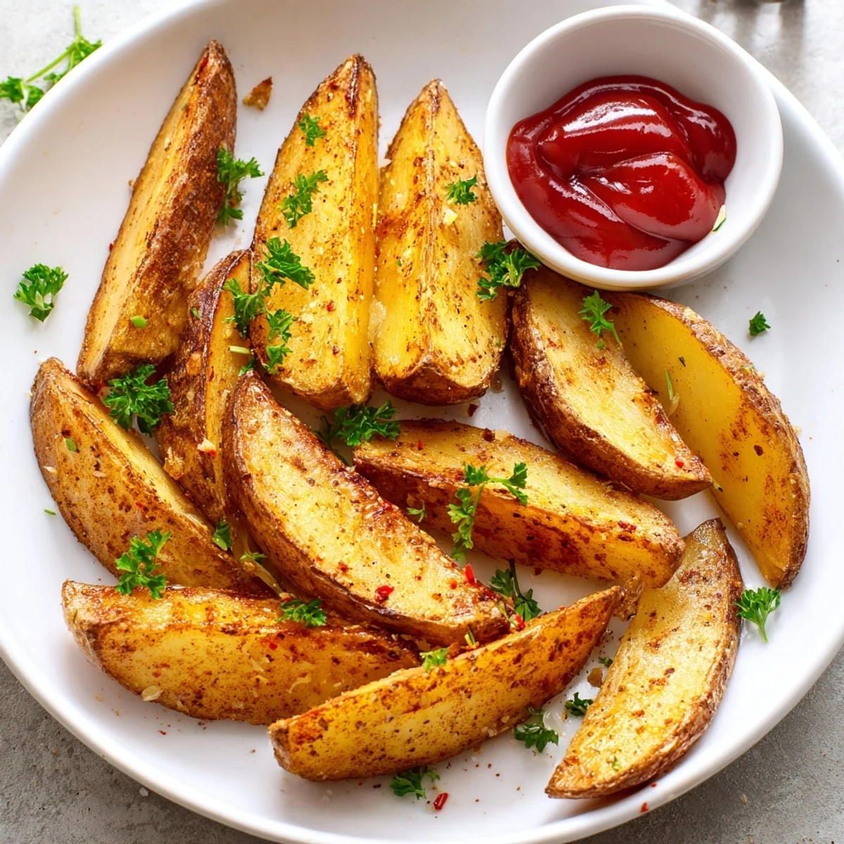 Seasoned Potato Wedges resting on parchment ready for ketchup or garlic aioli  