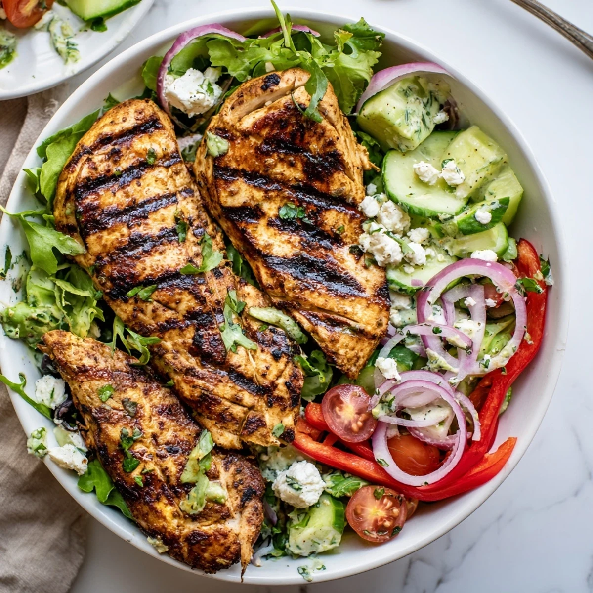 Juicy char marks and feta crumble on Grilled Chicken Salad Avocado Herb Dressing Recipe
