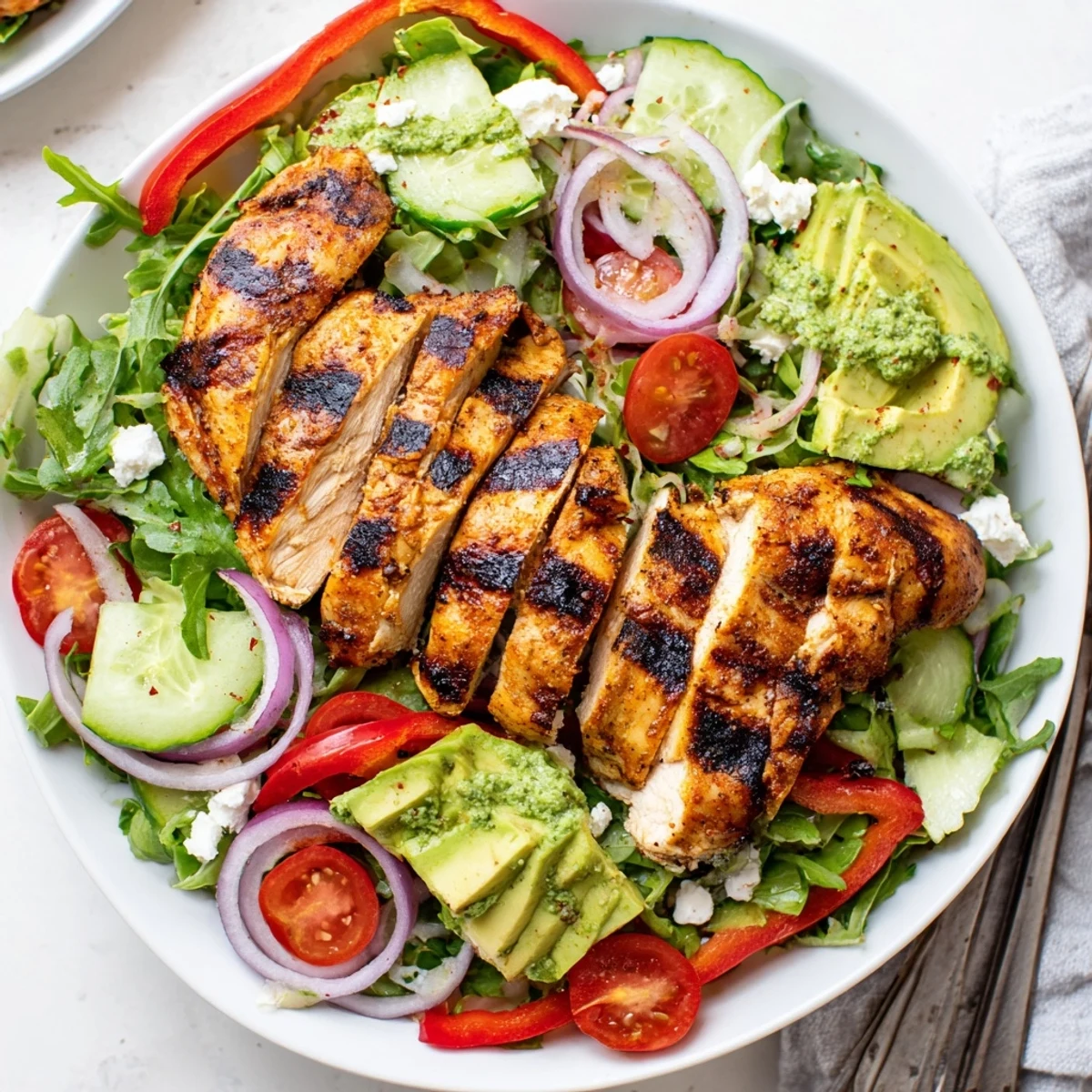 Grilled Chicken Salad Avocado Herb Dressing Recipe drizzled with creamy lime dressing, vibrant greens
