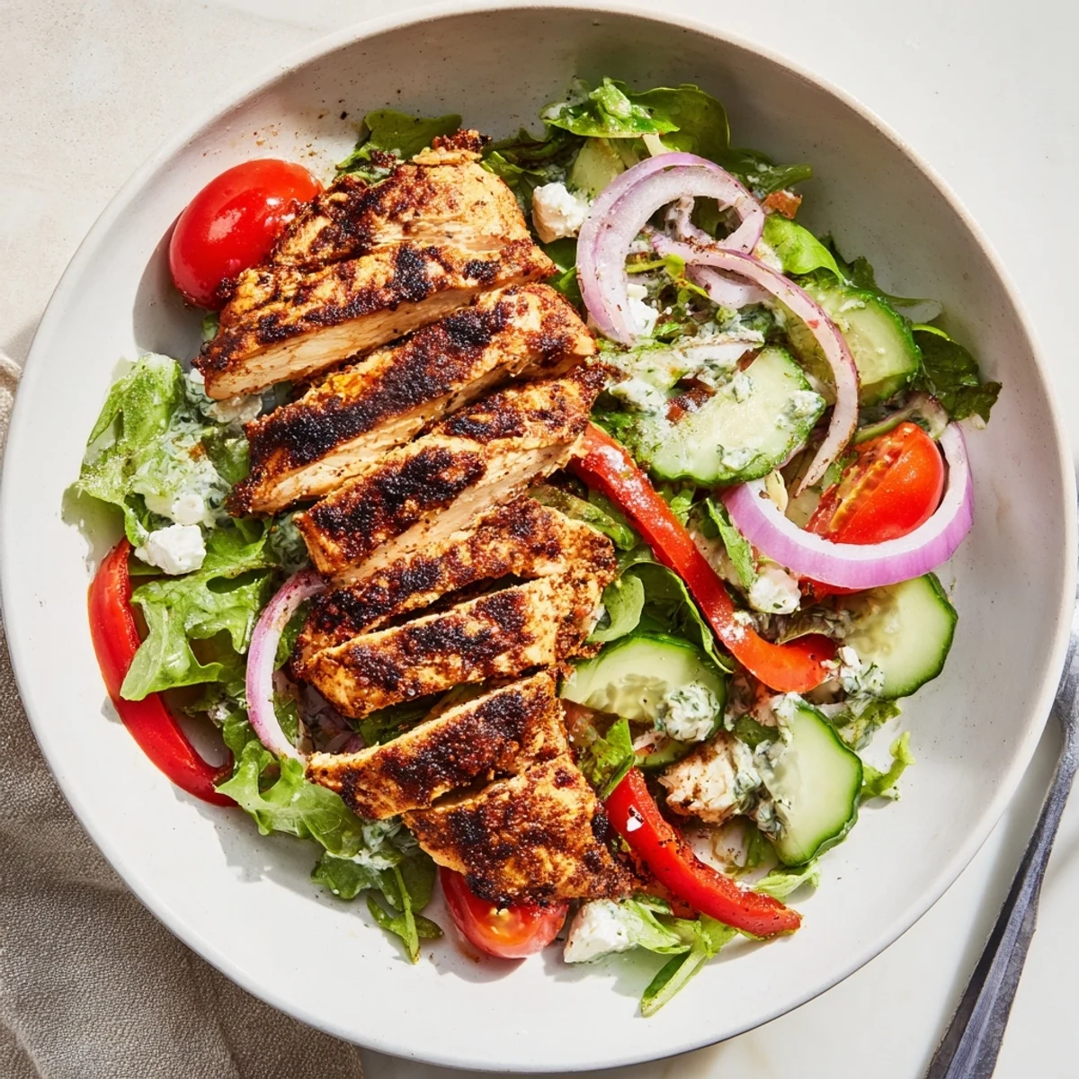 Grilled Chicken Salad Avocado Herb Dressing Recipe perfect for light lunch, smoky sliced chicken
