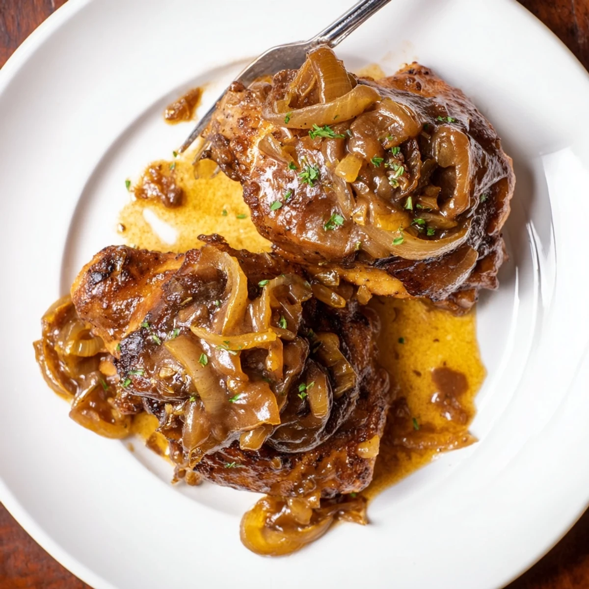 Pan of Savory Smothered Chicken Thighs In Rich Gravy Recipe simmering with caramelized onions