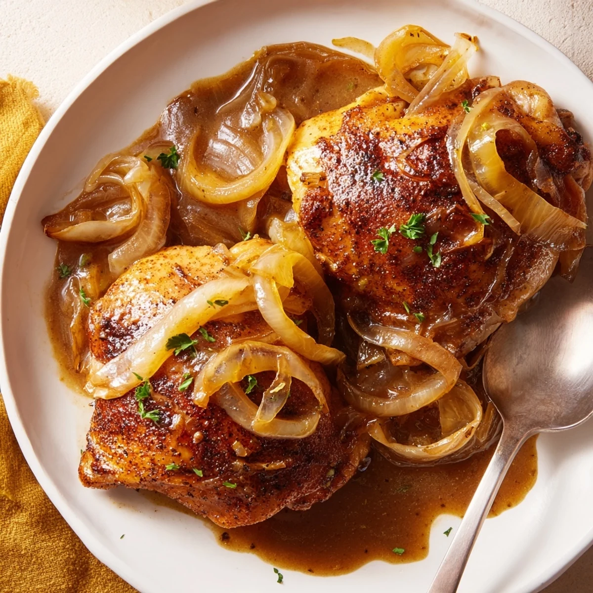 Savory Smothered Chicken Thighs In Rich Gravy Recipe, golden seared over creamy mashed potatoes