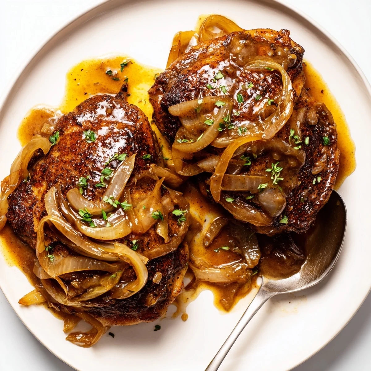 Crispy skin, tender meat in Savory Smothered Chicken Thighs In Rich Gravy Recipe