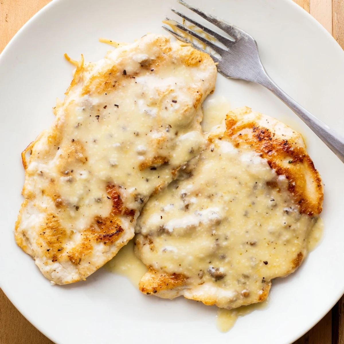 Chicken With Cheese Sauce: golden-seared breasts topped with silky cheddar sauce