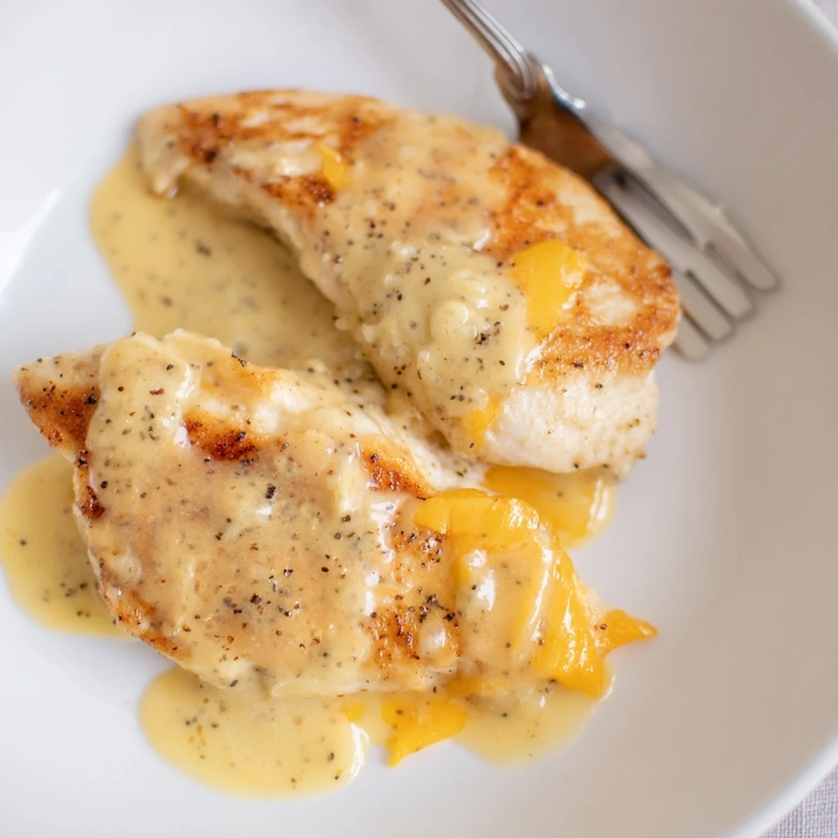 Pan-seared Chicken With Cheese Sauce glistening under melted Parmesan, ready to serve