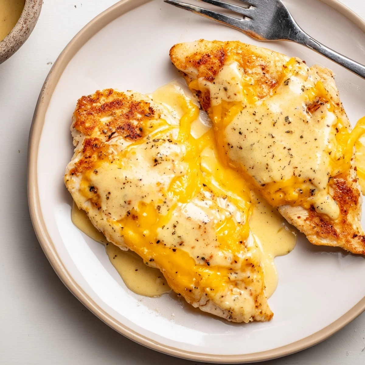 Warm Chicken With Cheese Sauce served beside steamed broccoli, creamy and rich