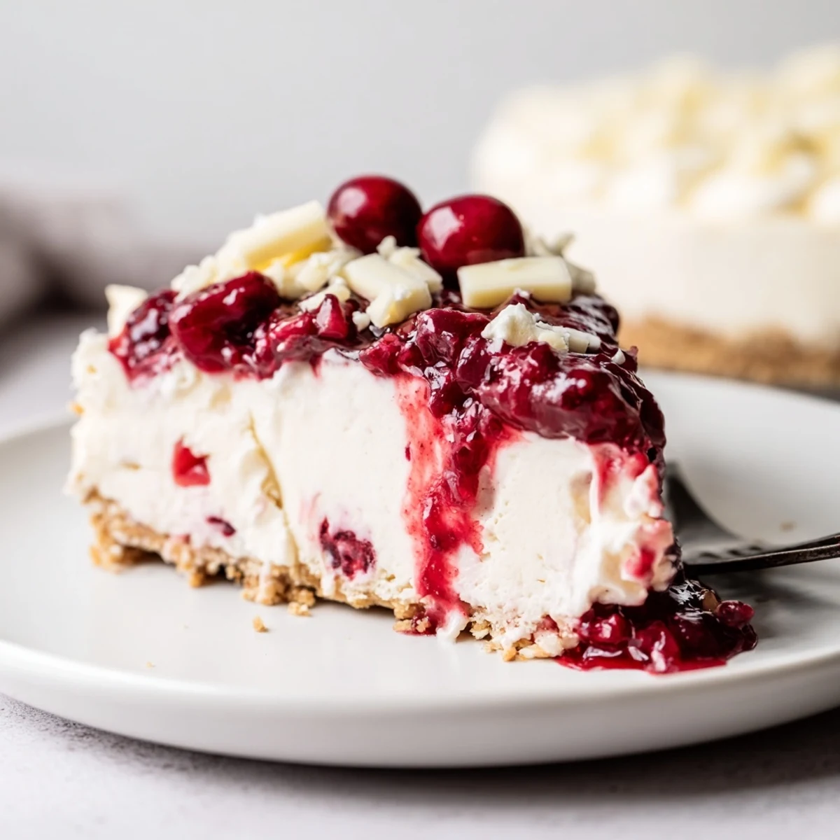 Chilled No Bake Cranberry White Chocolate Cheesecake topped with white chocolate shavings