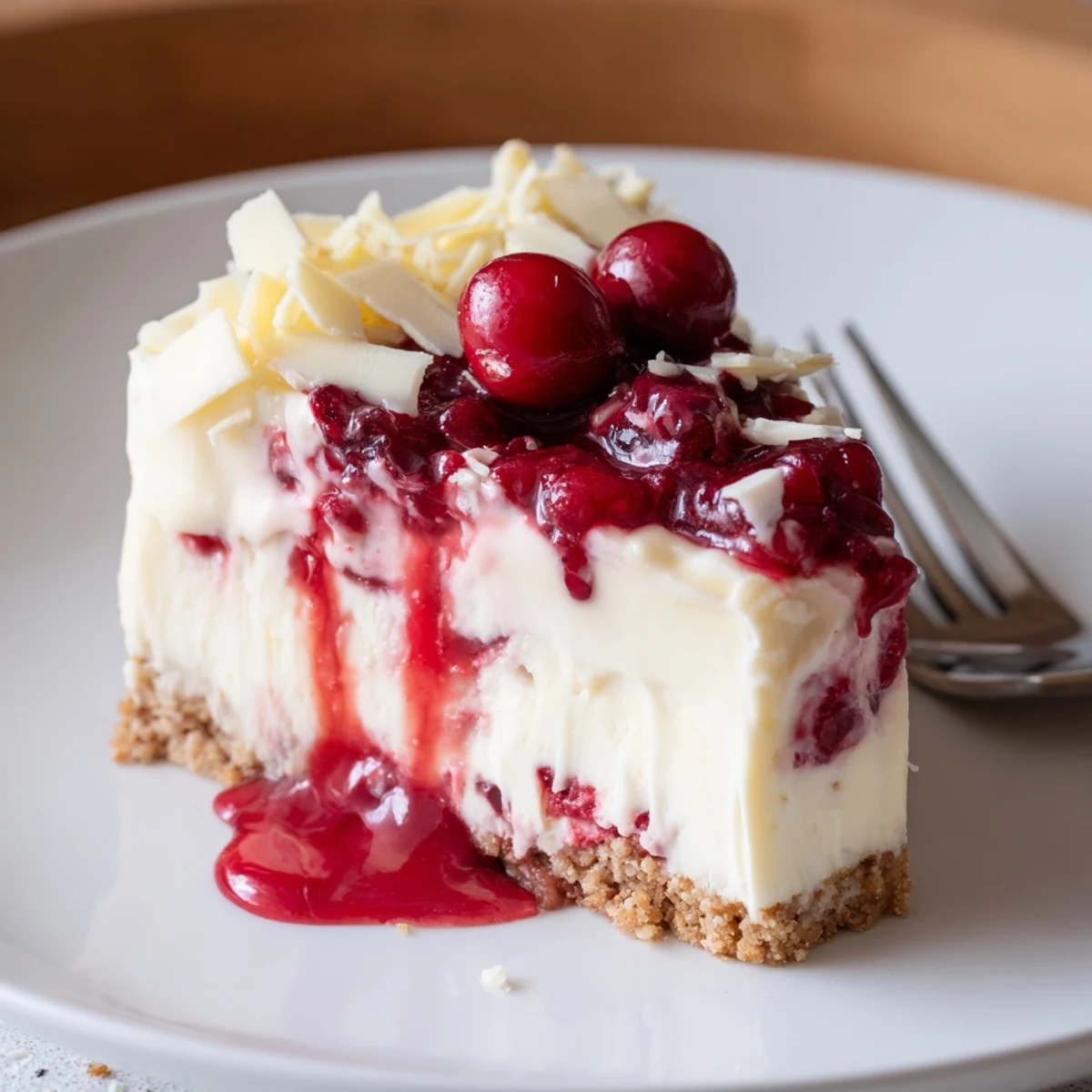 No Bake Cranberry White Chocolate Cheesecake slice, velvety filling and tangy cranberry compote