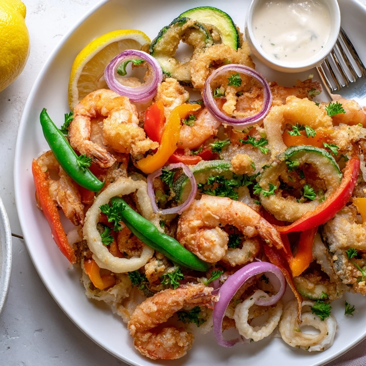 Crispy Shrimp Fritto Misto piled on platter, golden batter, lemon wedges