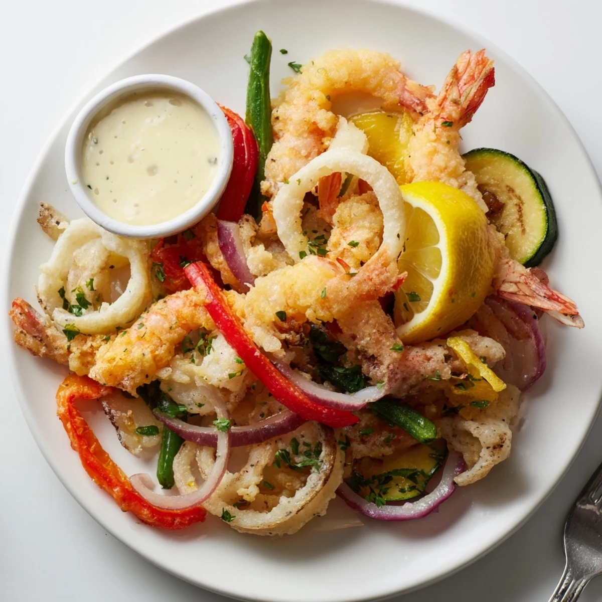 Crispy Shrimp Fritto Misto sizzling hot, topped with parsley and dipping aioli