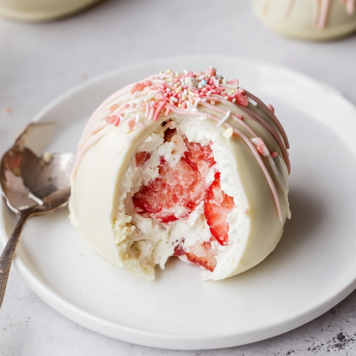 Strawberry Shortcake Easter Egg Bombs with whipped cream, macerated strawberries, chocolate shell