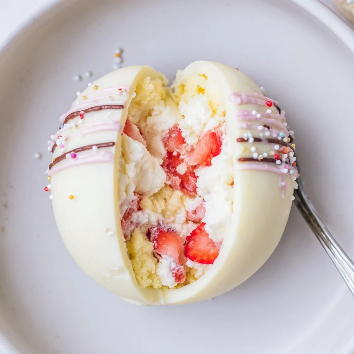 Bite-sized Strawberry Shortcake Easter Egg Bombs chilled, sprinkled with colorful edible glitter