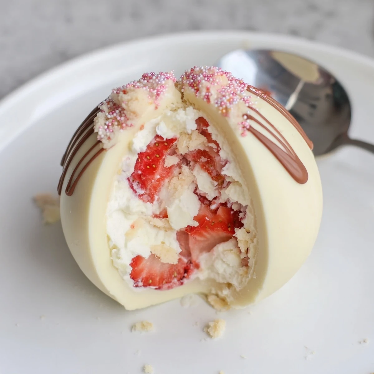 Handheld Strawberry Shortcake Easter Egg Bombs oozing cream, crunchy shortcake biscuit bits