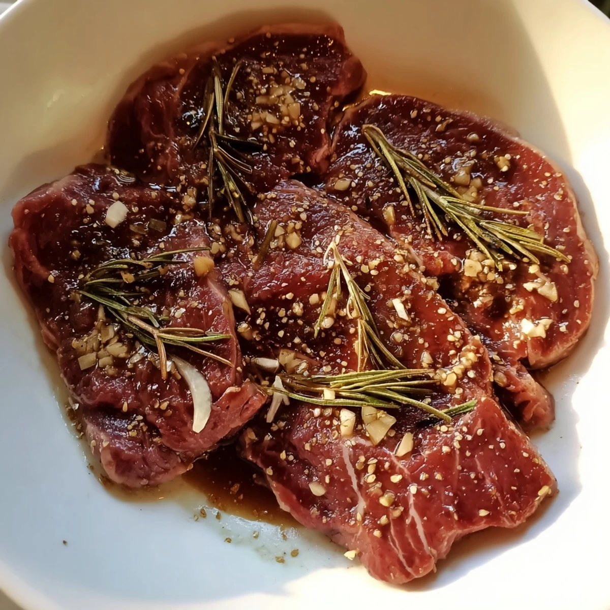 Steak Marinade glistening over raw ribeye, garlic and balsamic aroma ready for grilling.