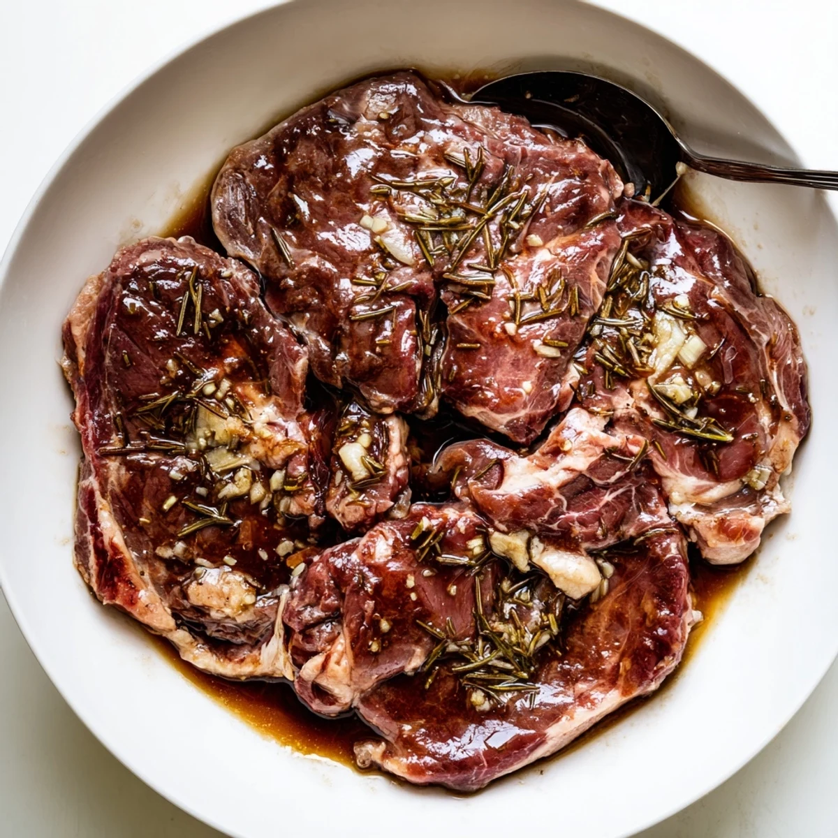 Homemade Steak Marinade coating flank steak, tangy lemon and rosemary notes.