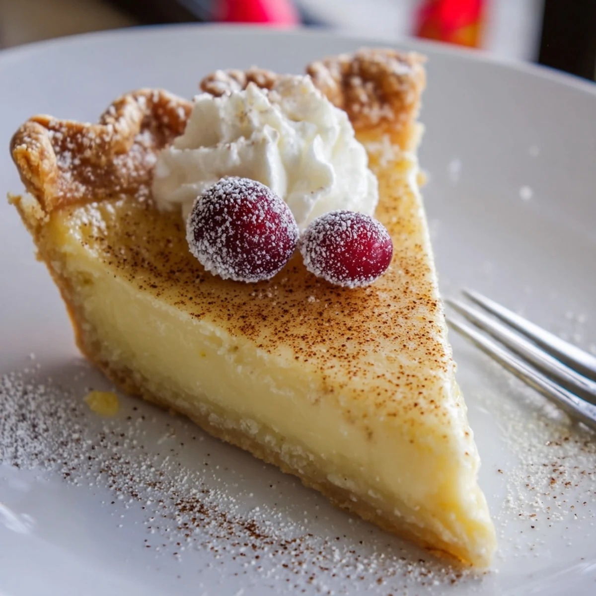 Sliced Christmas Eve Custard Pie With Cinnamon Vanilla, silky filling dusted with powdered sugar
