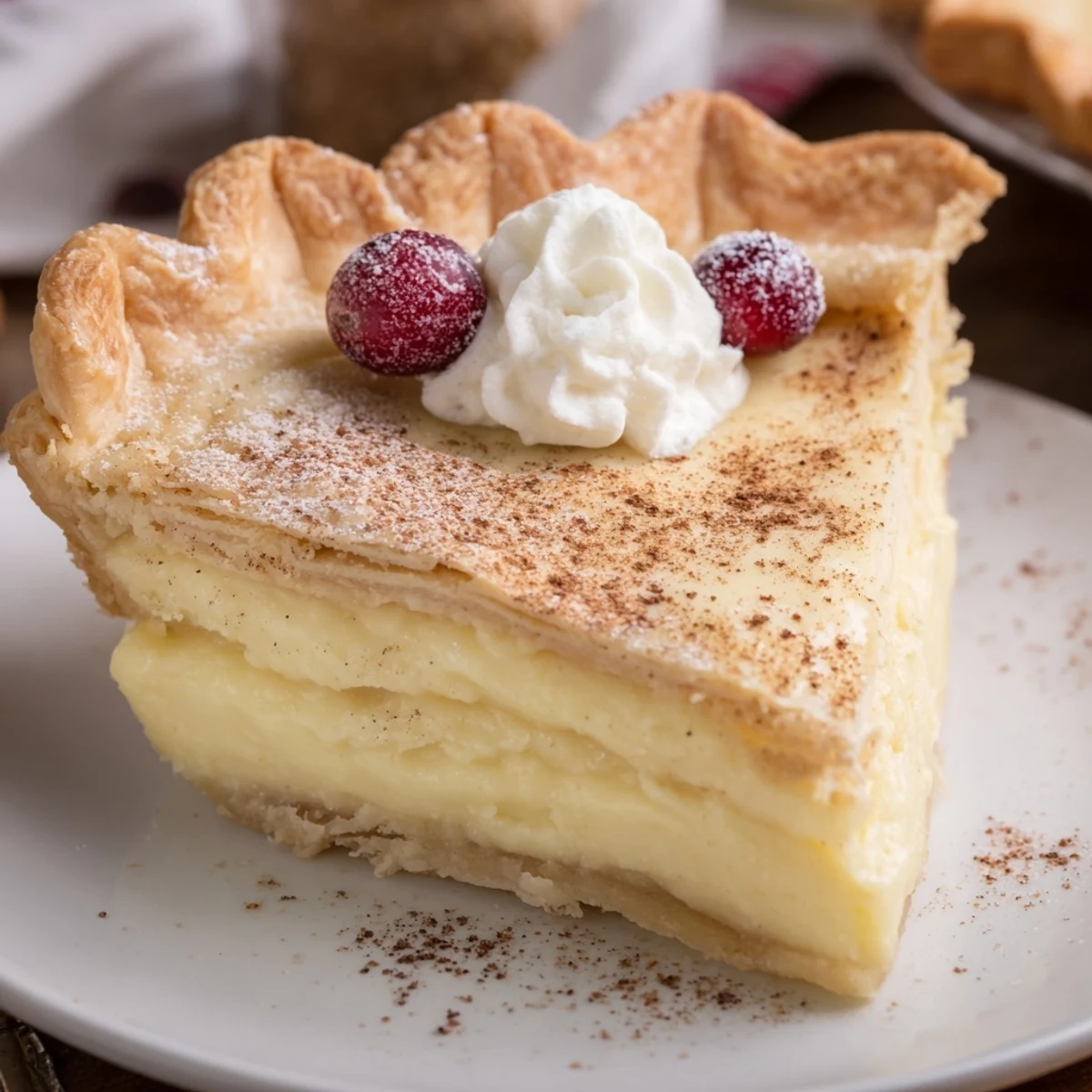 Homestyle Christmas Eve Custard Pie With Cinnamon Vanilla garnished with sugared cranberries