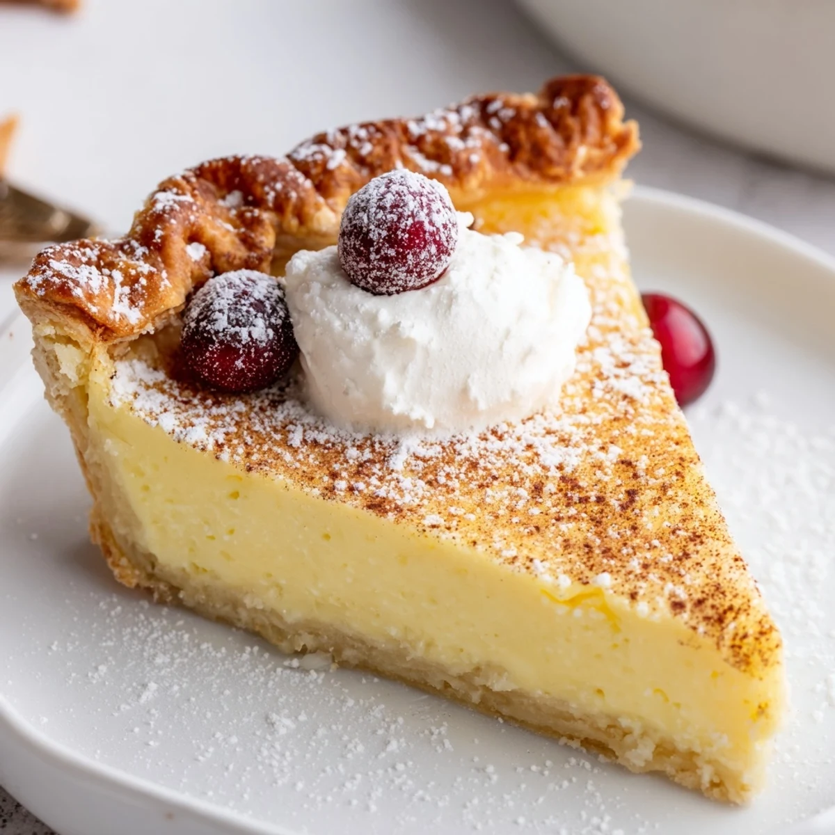 Warm slice of Christmas Eve Custard Pie With Cinnamon Vanilla on porcelain plate