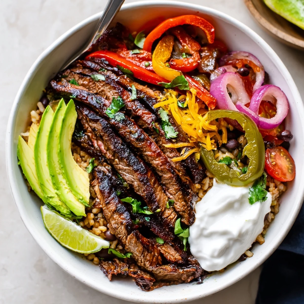 Steak Fajita Power Bowls with sizzling steak, charred peppers, creamy avocado, lime