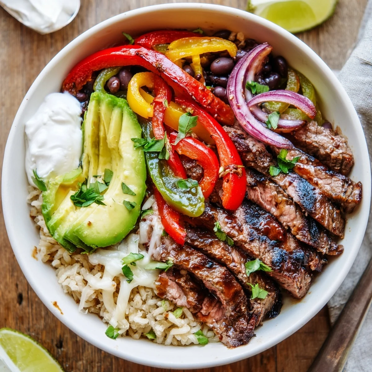 Hearty Steak Fajita Power Bowls served warm with tangy lime wedges and yogurt