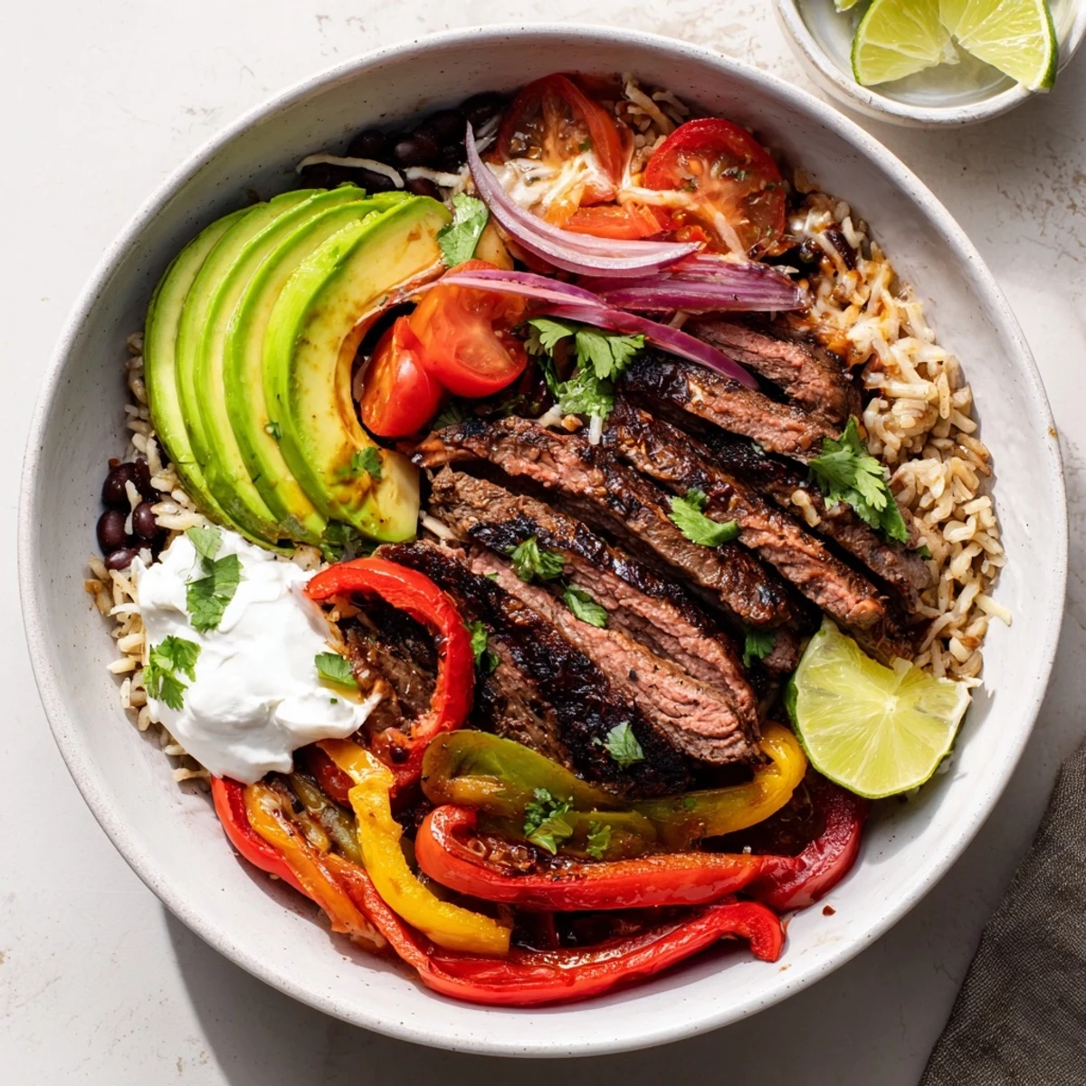 Bright Steak Fajita Power Bowls layered with fluffy brown rice, black beans, cilantro
