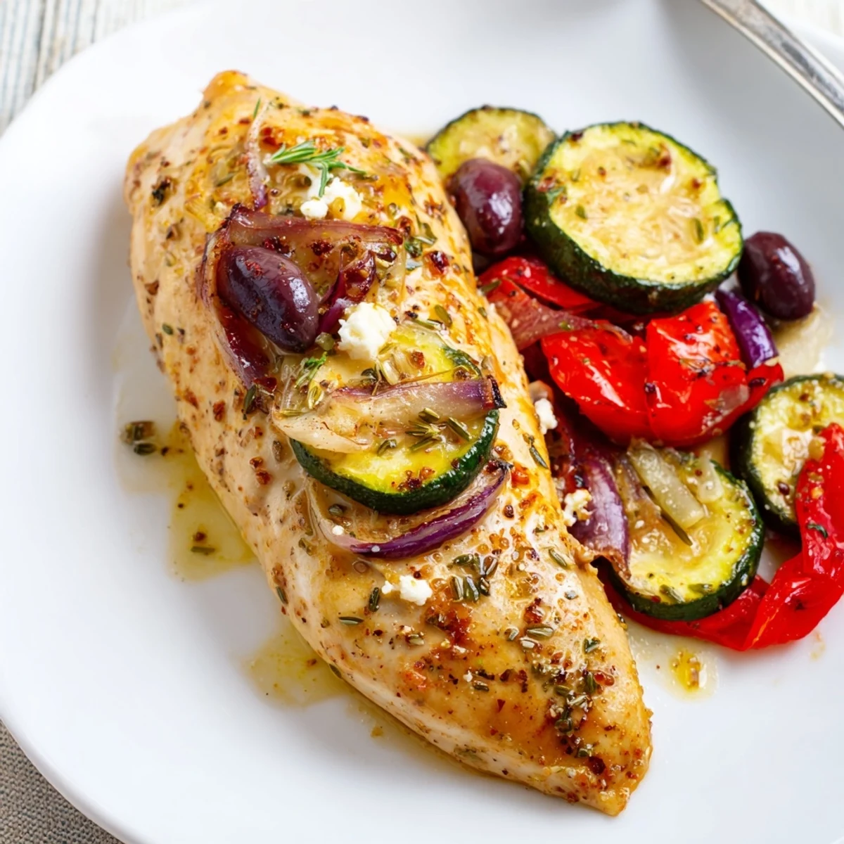 Crisp-edged Sheet Pan Mediterranean Chicken Zucchini served warm with pita and parsley.