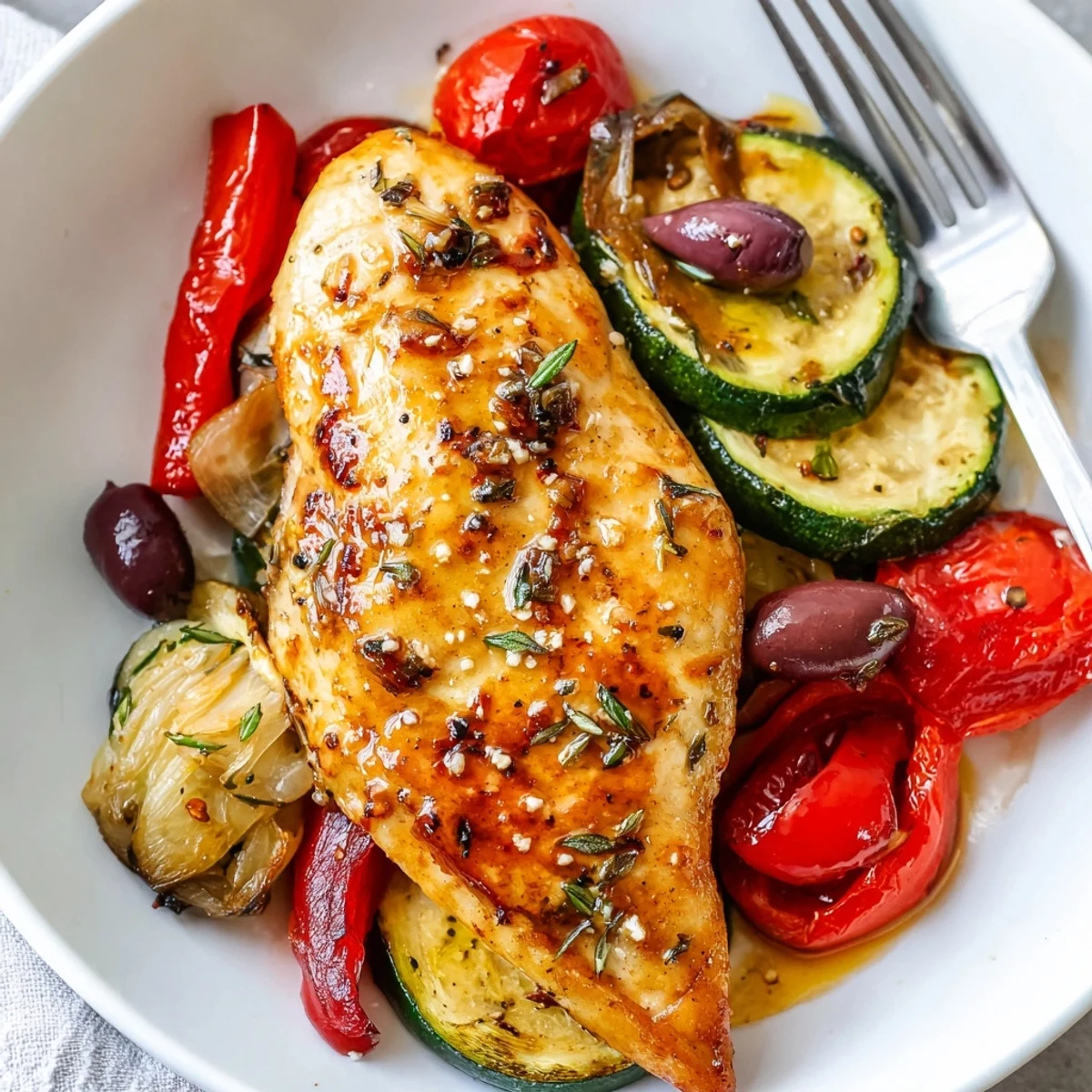 Sheet Pan Mediterranean Chicken Zucchini with lemony juices, feta crumble, and roasted vegetables.