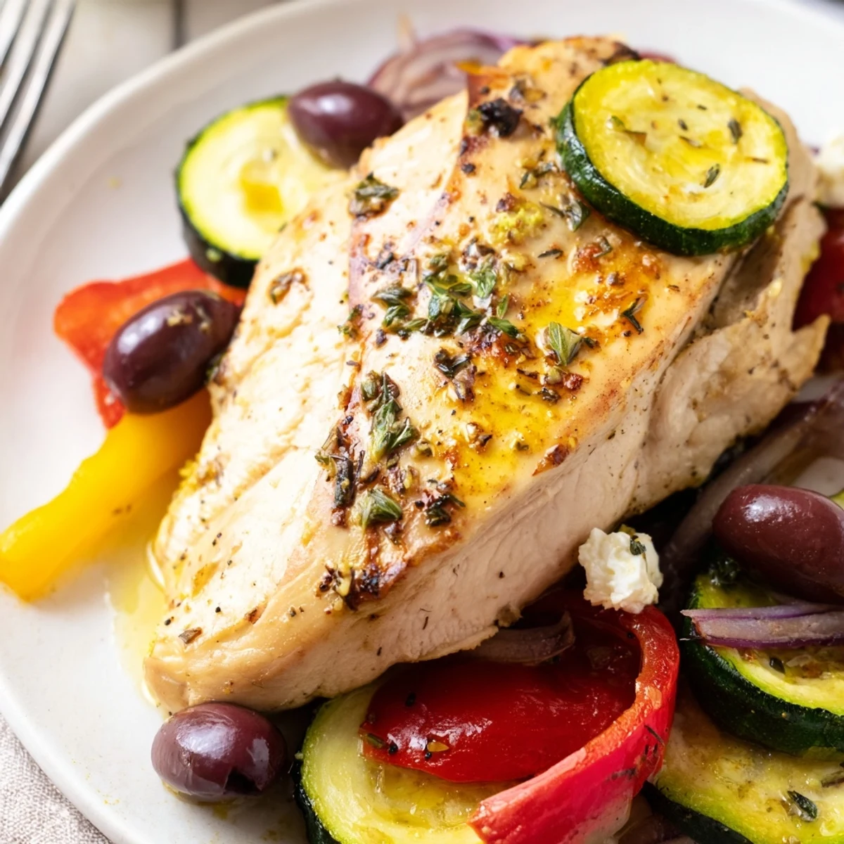 Roasted vegetables glistening beside Sheet Pan Mediterranean Chicken Zucchini, ready to serve.