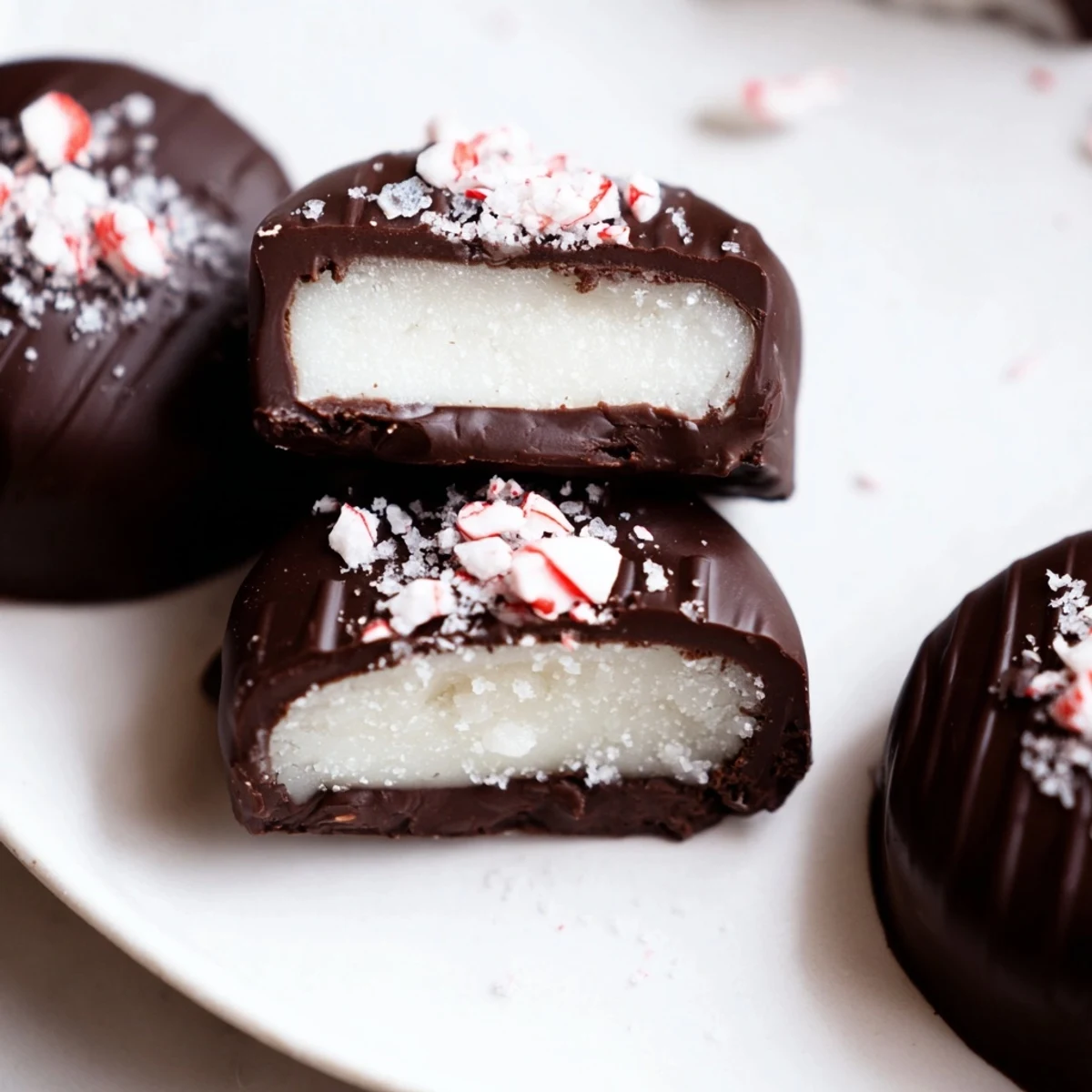 Close-up of glossy Peppermint Patties coated in dark chocolate cooling on parchment