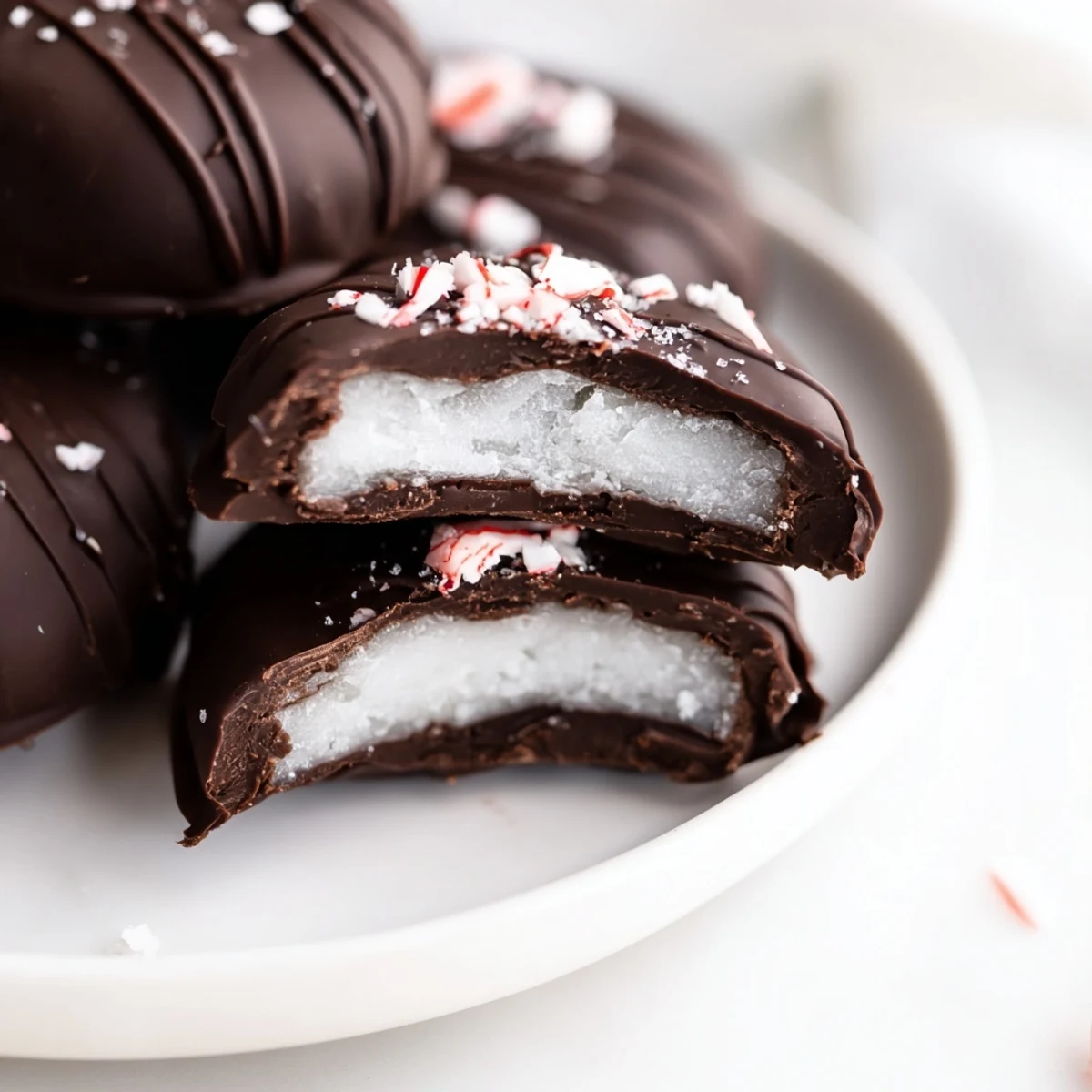 Stacked Peppermint Patties dusted with crushed peppermint candy, perfect after-dinner mint