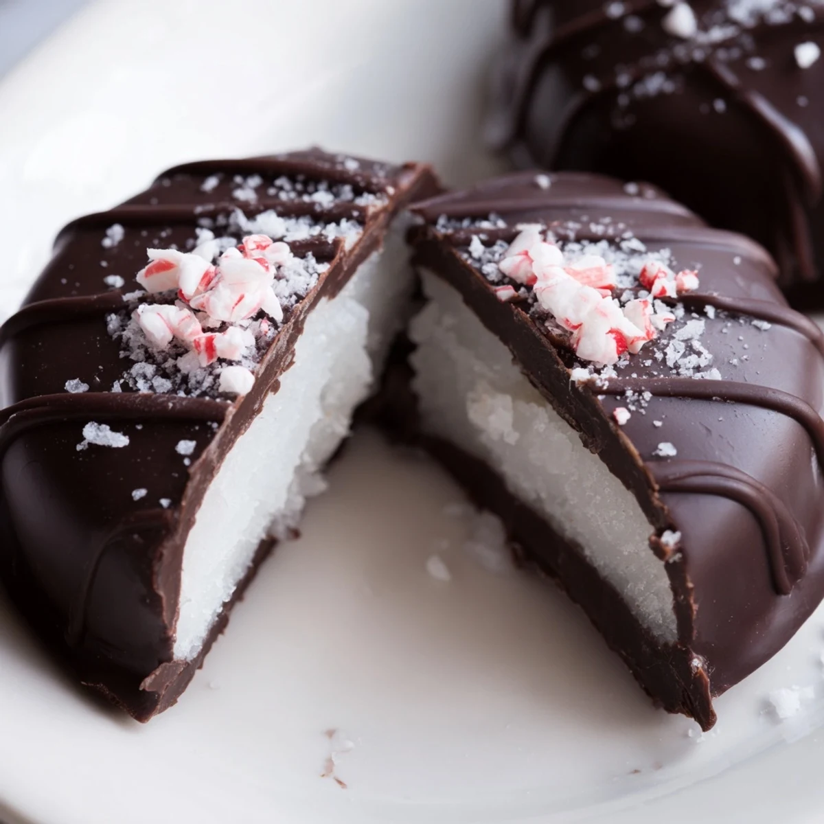 Hand holding a chilled Peppermint Patties piece, creamy mint center exposed