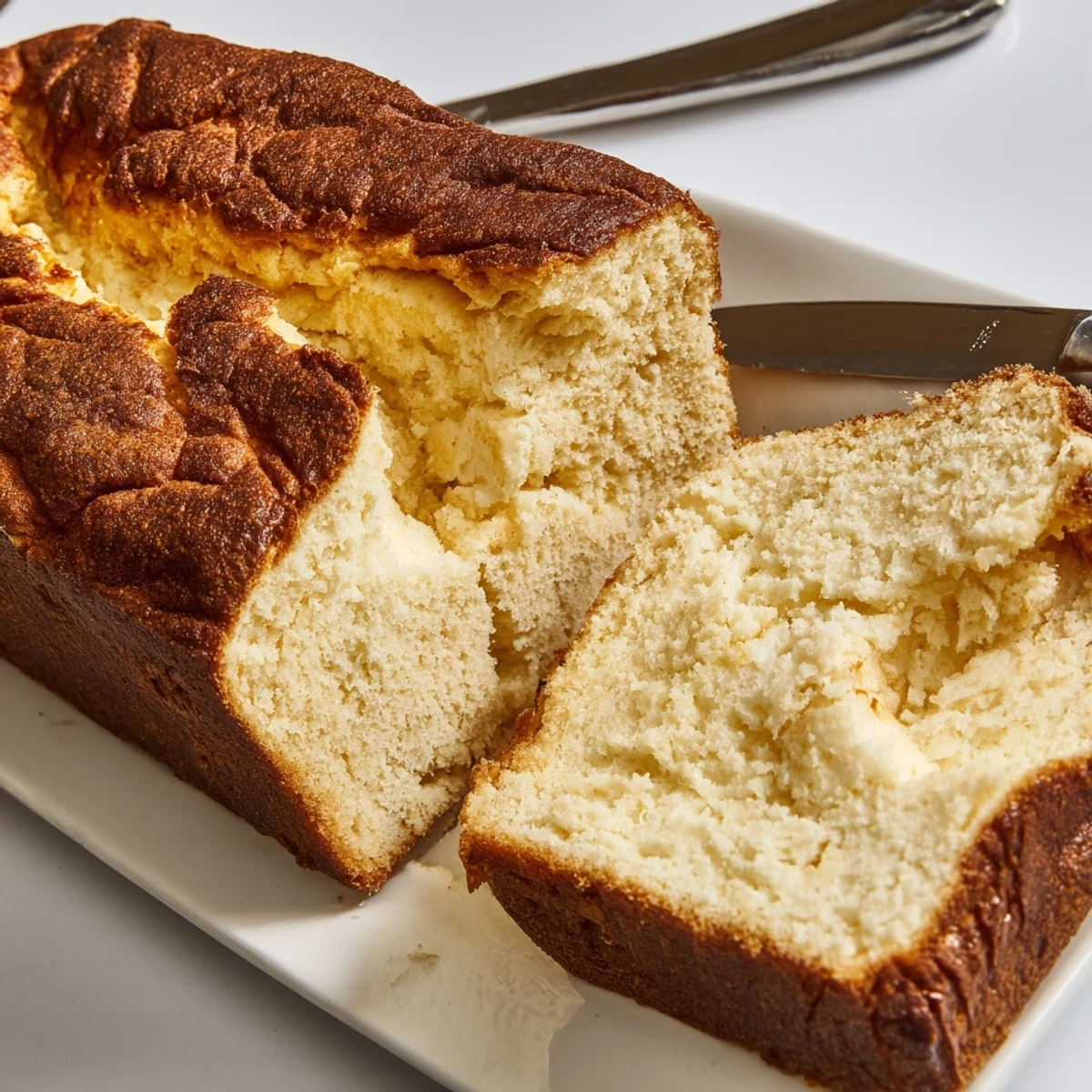 Golden brown cottage cheese loaf bread sliced on a wooden cutting board with melted butter