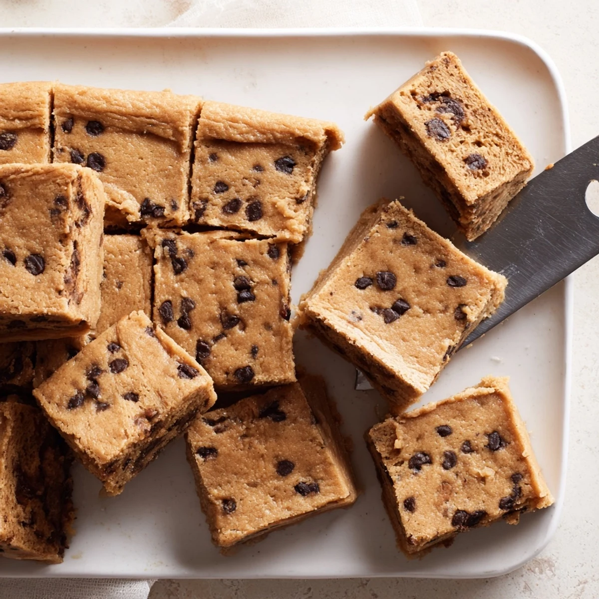 Golden flourless peanut butter banana bars with melted chocolate chips on a rustic wooden board