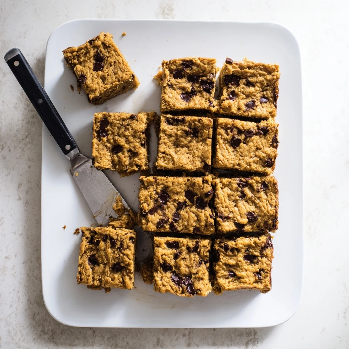 Fresh baked flourless peanut butter banana dessert squares cooling on parchment paper with chocolate swirls