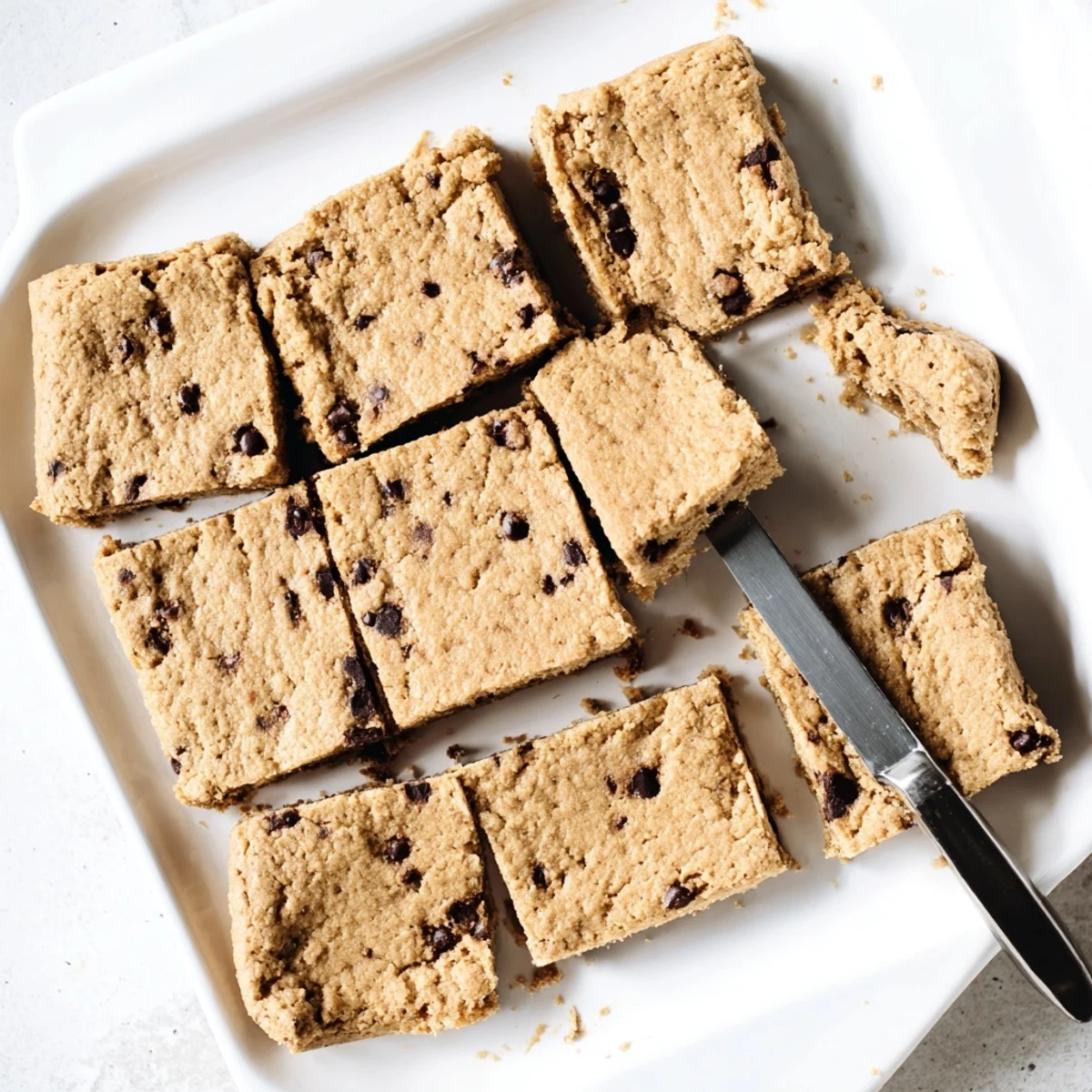 Sliced gluten-free peanut butter banana bars showing moist texture and dark chocolate chunks throughout