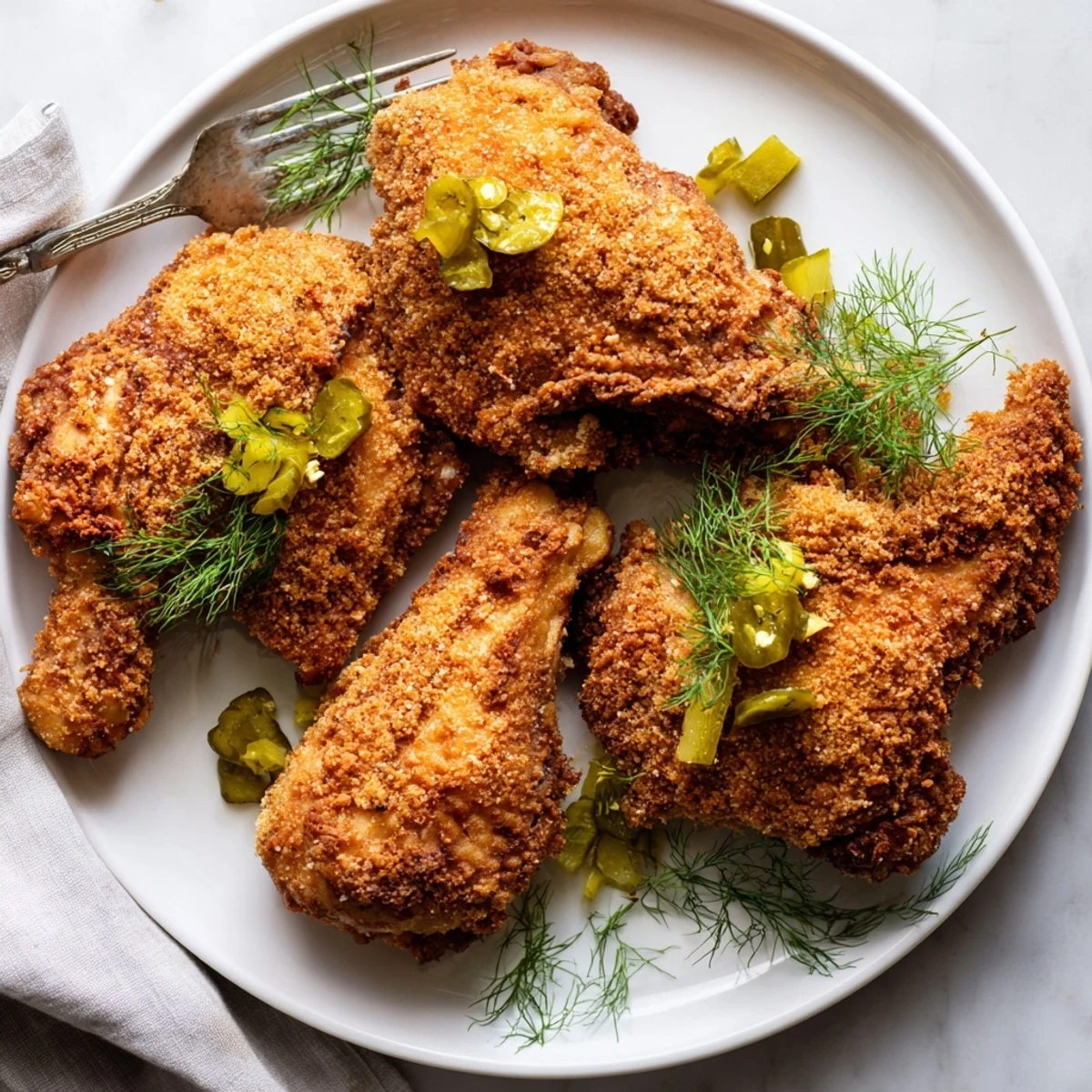 Juicy chicken thighs coated in crunchy breading after being marinated in tangy dill pickle brine