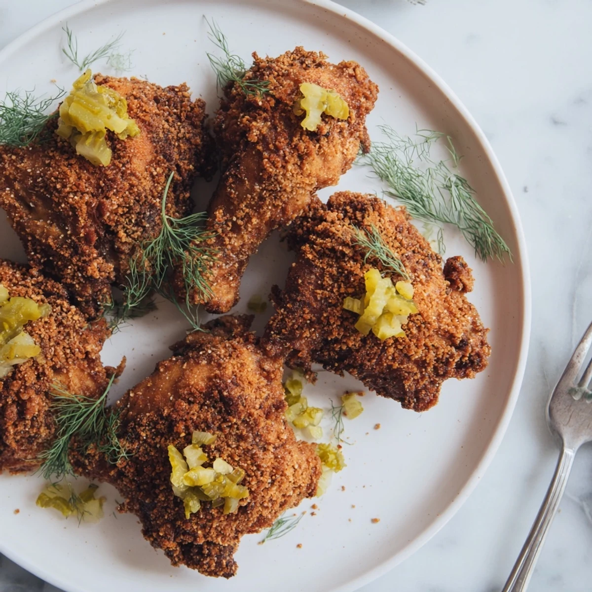 Golden fried crispy dill pickle chicken resting on a wire rack with fresh pickle garnishes