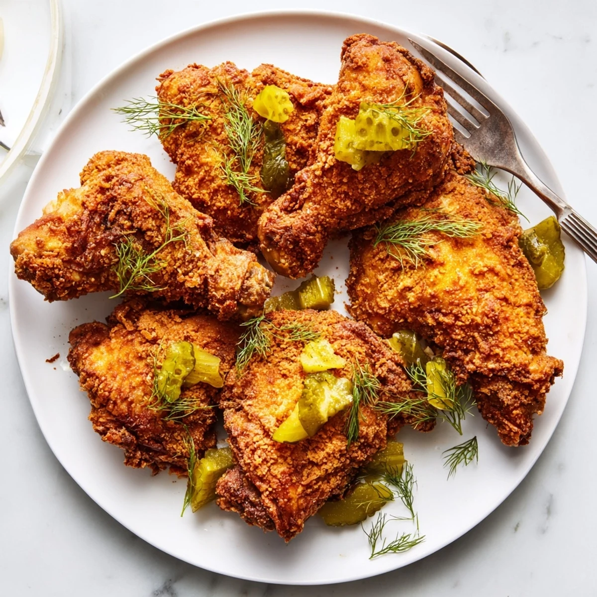 Plate of crispy dill pickle chicken pieces served alongside creamy potato salad and fresh dill