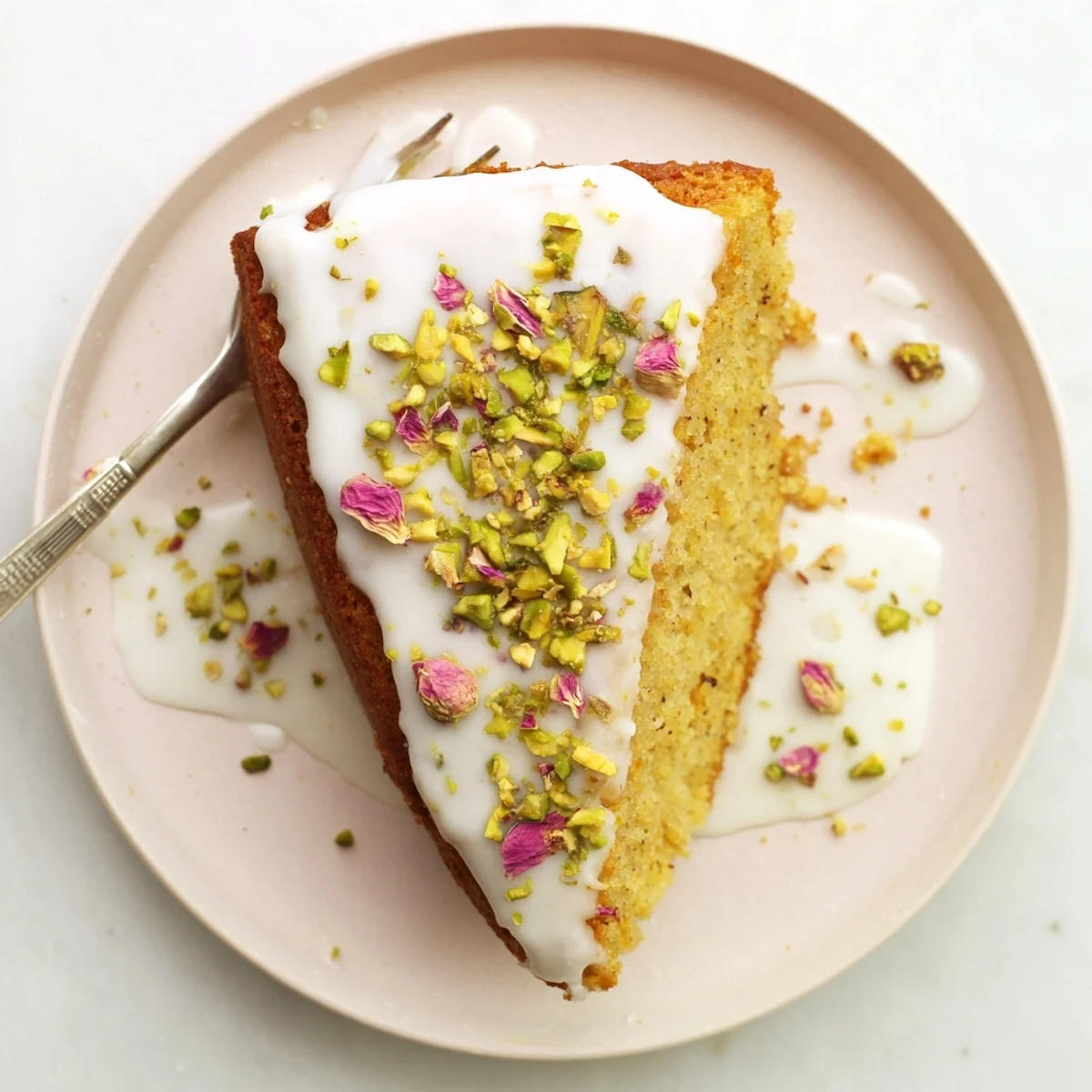 Moist almond Persian Love Cake topped with white rosewater glaze and vibrant green pistachios