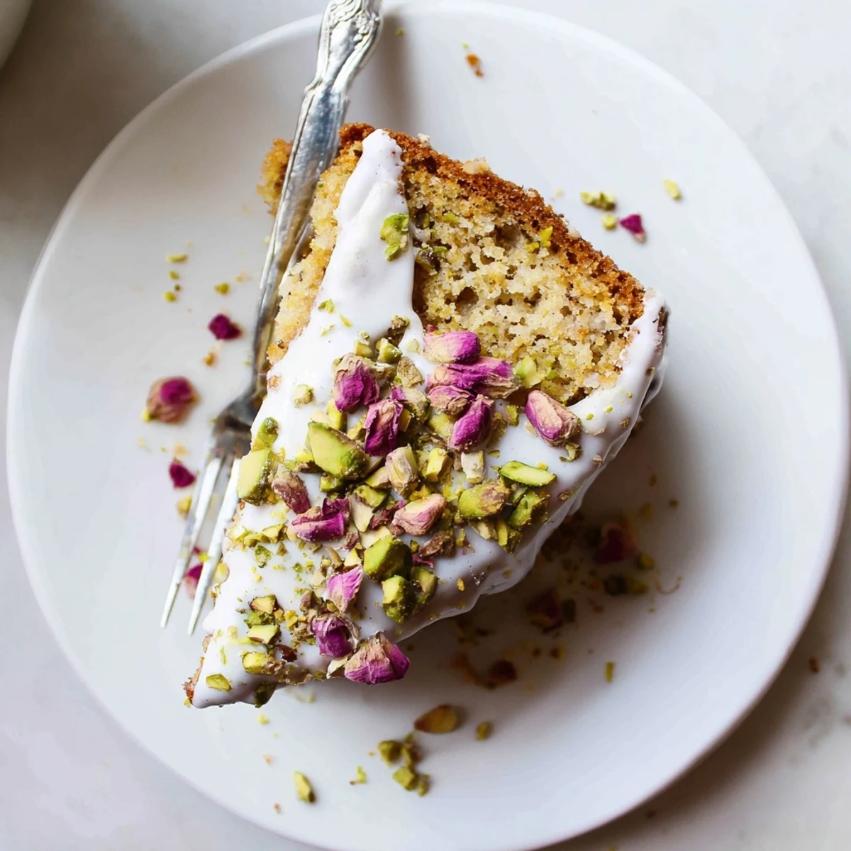 Golden Persian Love Cake almond drizzled with rosewater icing and sprinkled with chopped pistachios