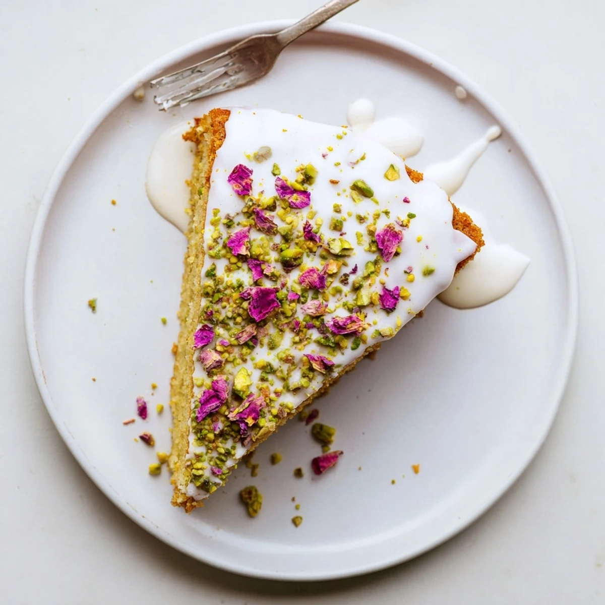 Fragrant cardamom Persian Love Cake almond slice decorated with rosewater icing and rose petals